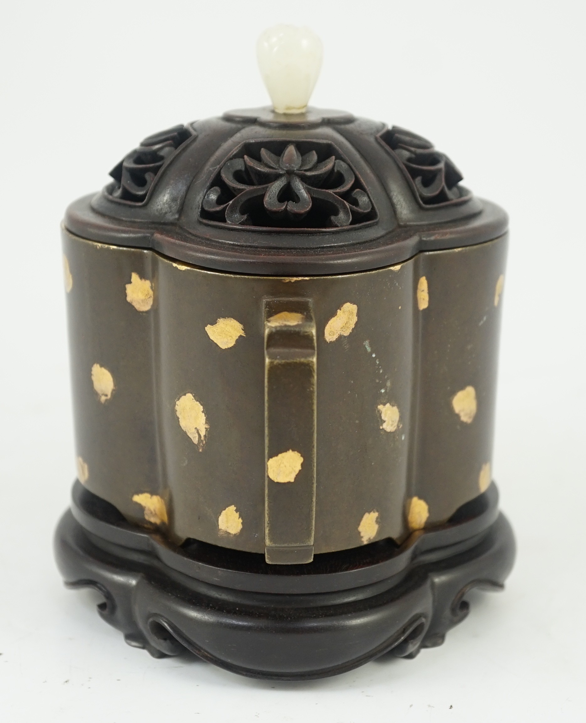 A Chinese gold splashed bronze quatrelobed censer, 17cm wide